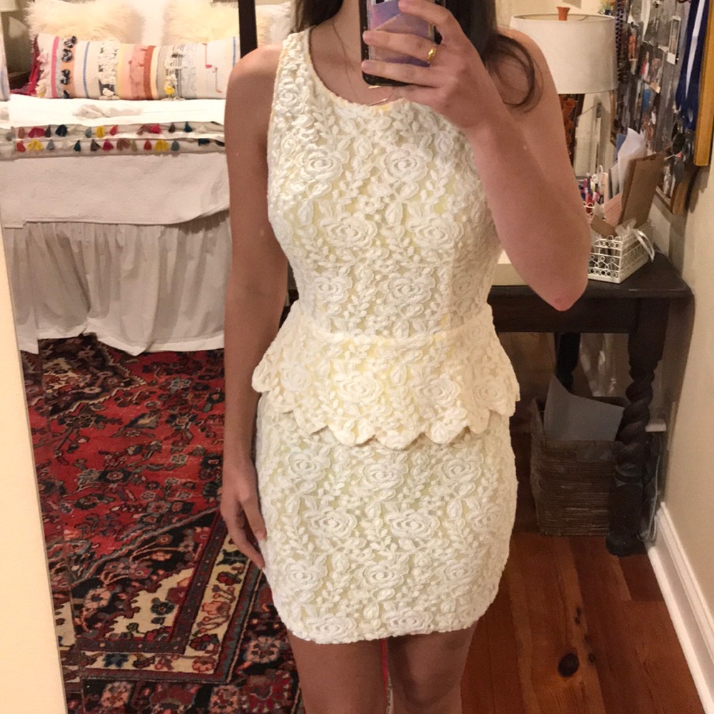 Yellow and Cream Lace Peplum Dress